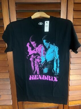 Express Hendrix Black Tee with Pink & Blue Graphic
